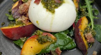 Burrata, Peach & Vegetable with Pistachio Pesto