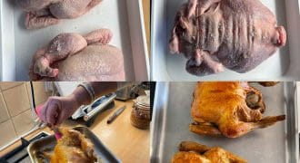 Four photos show two whole chickens: top left and right are raw, bottom left shows one being basted whilst roasting, and bottom right displays both chickens cooked, golden and crispy on a baking tray.
