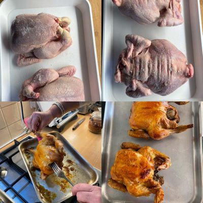 Four photos show two whole chickens: top left and right are raw, bottom left shows one being basted whilst roasting, and bottom right displays both chickens cooked, golden and crispy on a baking tray.