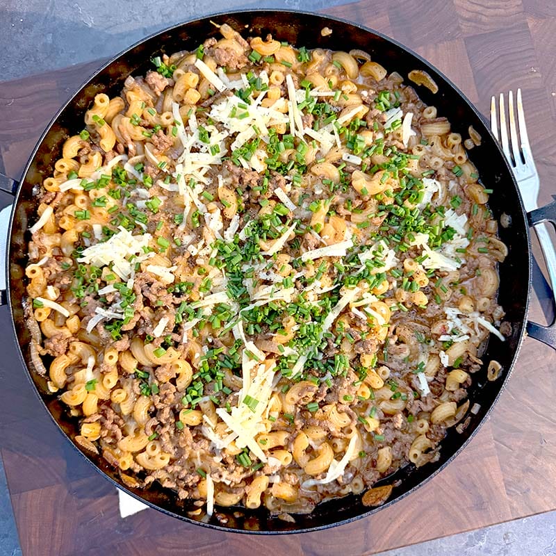 Pan of Dirty mac and cheese to accompany the recipe
