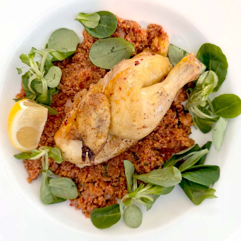 One pot poussin with harissa & bulgar wheat
