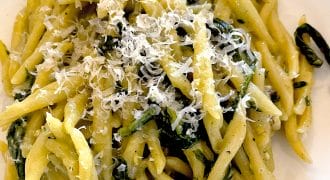 A plate of pasta topped with grated cheese and mixed with green leafy vegetables, served on a white plate.