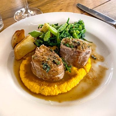 Pork with herb crumb & spiced carrot purée