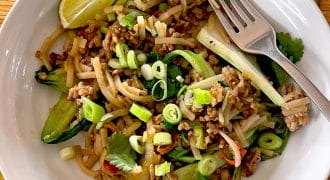 A white bowl filled with stir-fried noodles, minced meat, sliced spring onions, coriander, cucumber, and a lime wedge, with a fork resting on the edge of the bowl, on a wooden table.