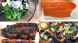 Four images show: 1) a food processor with herbs, ginger, and soy sauce, 2) two raw salmon fillets, 3) cooked salmon with a dark crust, 4) finished salmon garnished with herbs, chillies, and sesame seeds.