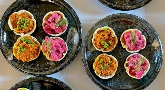 Black plates hold small tartlets with colourful fillings: some with a bright pink mixture topped with dill, others with an orange-brown mix garnished with green herbs, arranged neatly on a white surface.