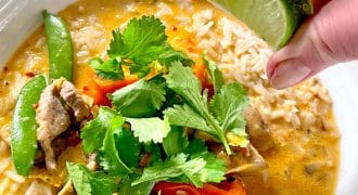 A hand squeezes a lime wedge over a bowl of rice and curry with vegetables, garnished with fresh coriander.