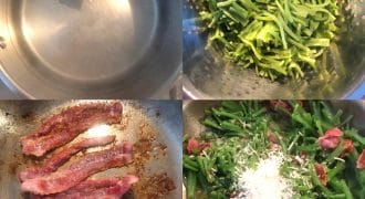 A four-panel image: garlic clove in a saucepan, cooked green beans in a colander, strips of bacon frying in a frying pan, and cooked green beans mixed with bacon and grated cheese in a frying pan.