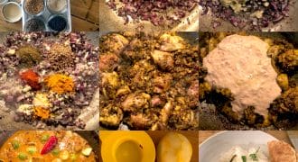 A 3x3 grid showing steps of cooking a curry, from spices and chopped onions to adding chicken, sauce, and garnishing with rice, peppers, lemon, and herbs. One image shows squeezed lemons and a juicer.