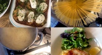 Four images show the process of making chicken parmigiana: breaded chicken with sauce and cheese before baking, uncooked spaghetti in a saucepan, spaghetti boiling, and the finished dish served with salad and lemon.