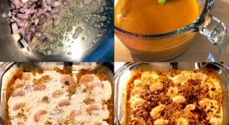 Four photos show the stages of making a prawn casserole: sautéing onions in butter, a bowl of orange sauce, prawns in a creamy sauce in a baking dish, and the finished baked prawn casserole with a golden top.