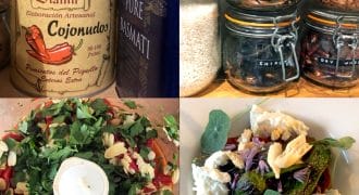 A collage of four images: tinned peppers and rice, jars of grains and dried chillies, chopped herbs and vegetables in a food processor, and a plated dish with vegetables, cheese, and edible flowers.