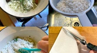 Four images: top left shows herbs and chopped onions in a saucepan; top right shows rice being rinsed with water in a sieve; bottom left shows rice being stirred into the saucepan; bottom right shows greaseproof paper being cut with scissors.