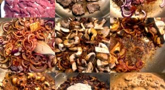 A nine-panel collage shows the step-by-step cooking process of a creamy beef and mushroom dish, from sliced raw ingredients to browned meat, sautéed onions and mushrooms, added spices, and a creamy sauce blending together.